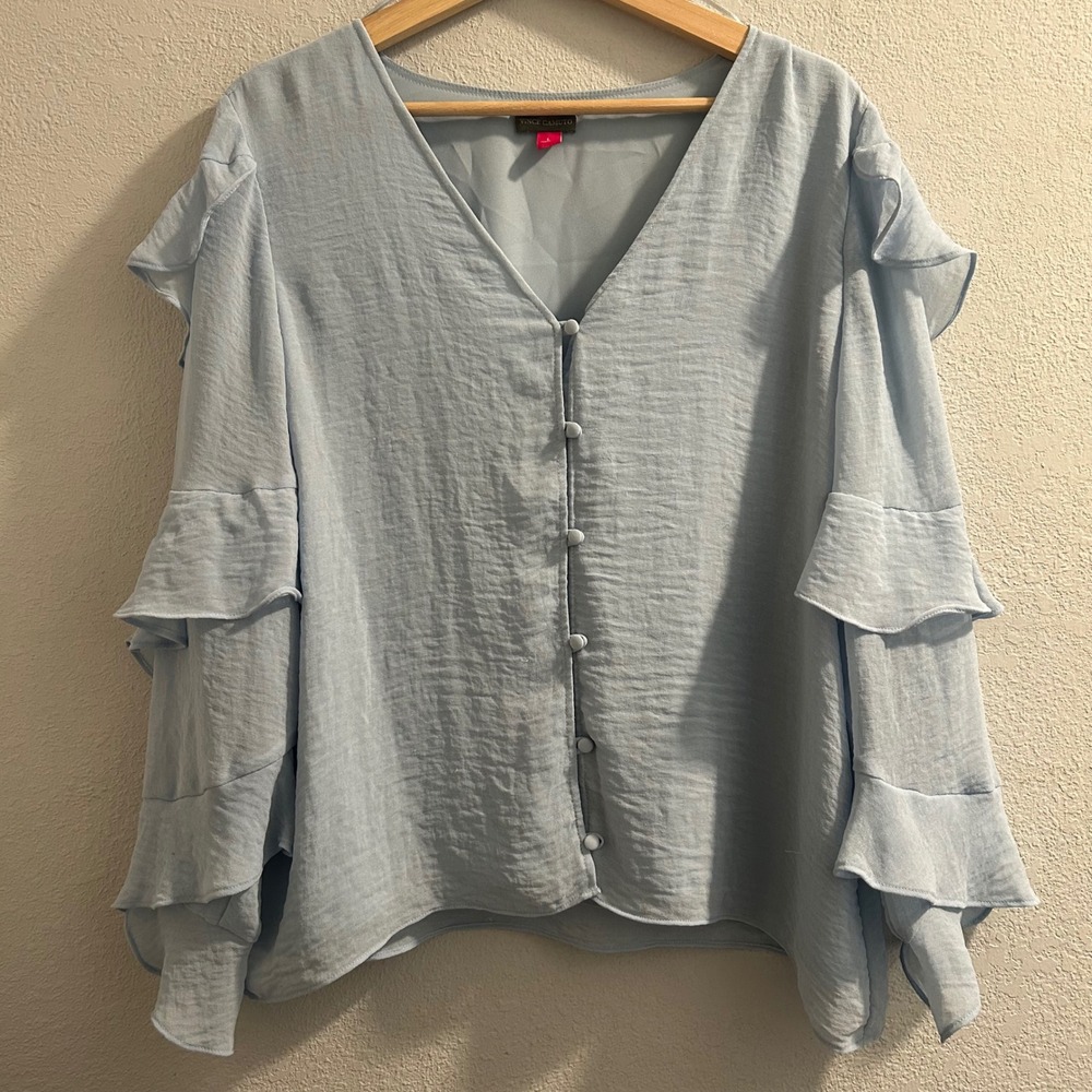 Vince Camuto Women's Large Blue Ruffle‎ Sleeve Button Front Blouse